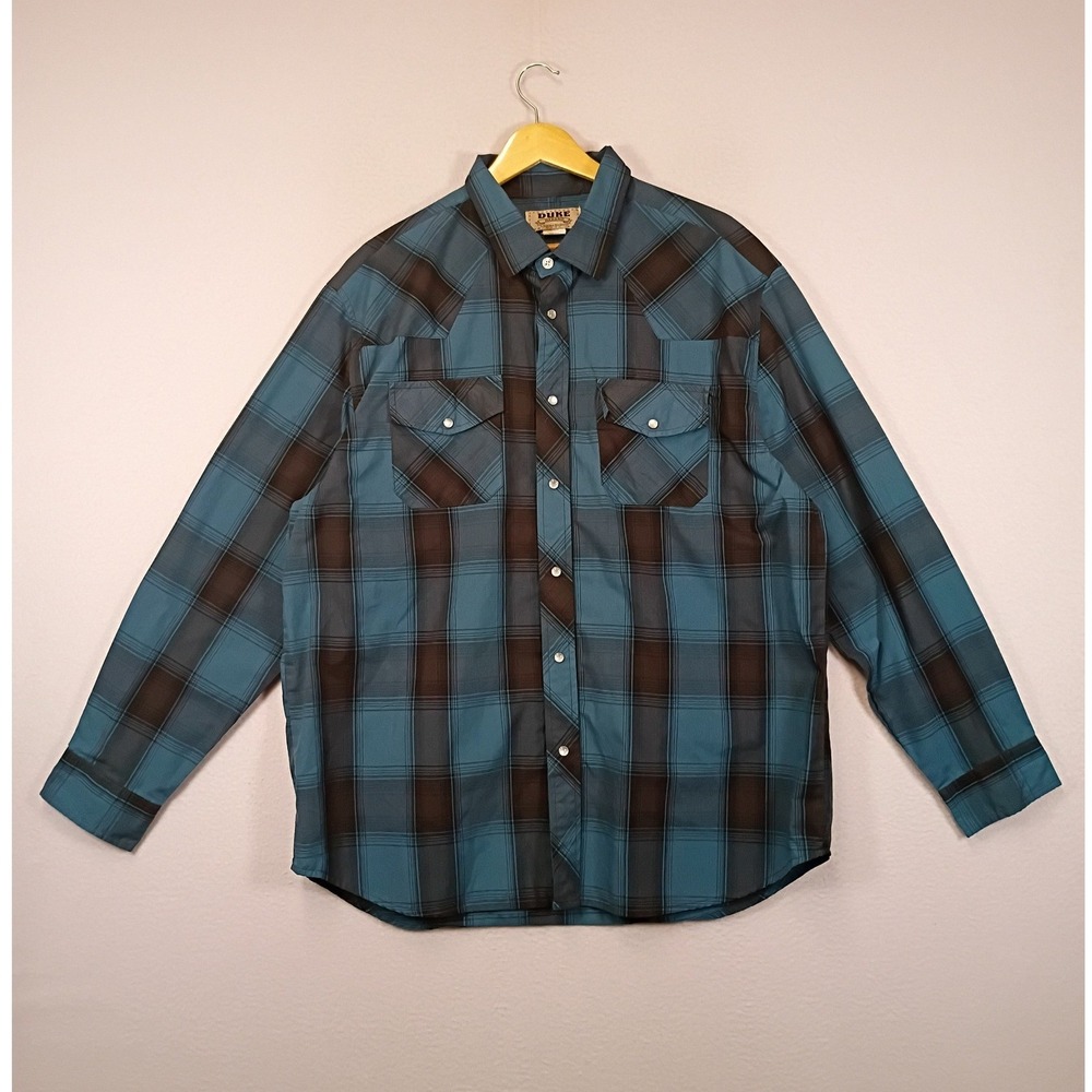 Western Cowboy Duke Haband Mens Large Teal Brown Plaid Pearl Snap Shirt 15Y
